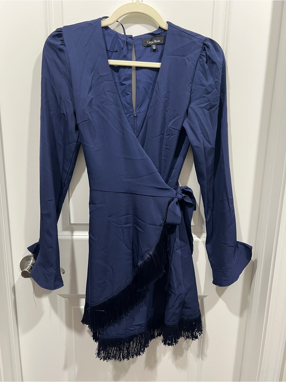 Navy Blue Wrap Fringe Long-Sleeve Dress